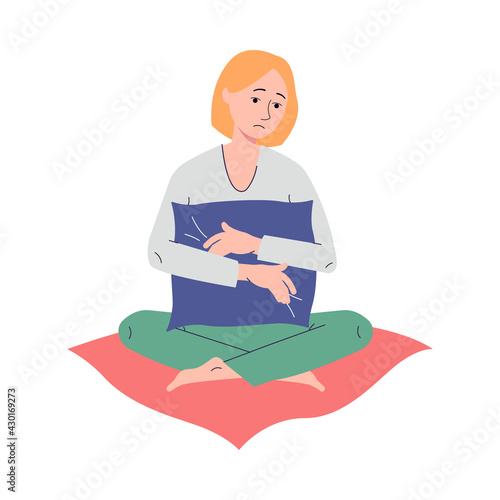 Lonely sleepless woman sits hugging a pillow, flat vector illustration isolated.