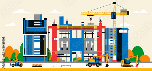Construction site in the city between city buildings. Building under construction and service equipment. Heavy machinery, commercial vehicles, crane, houses, buildings. Vector illustration.
