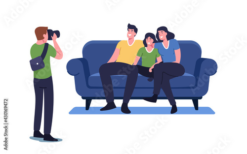 Family Photo Concept. Photographer Shoot People Sitting on Couch. Happy Relatives Mother, Father and Child Posing