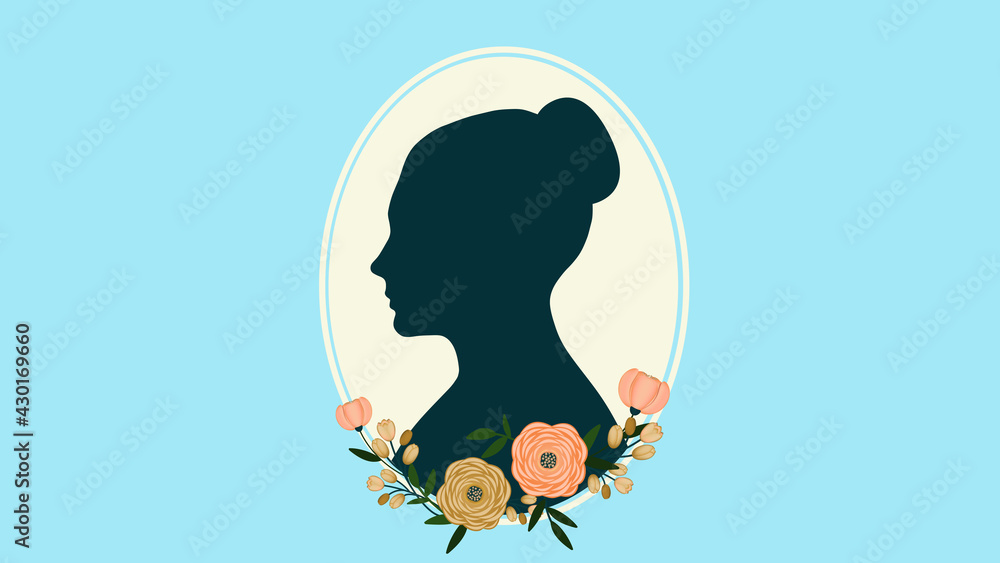 female silhouette in profile on a white oval background framed by a flower arrangement on a blue background