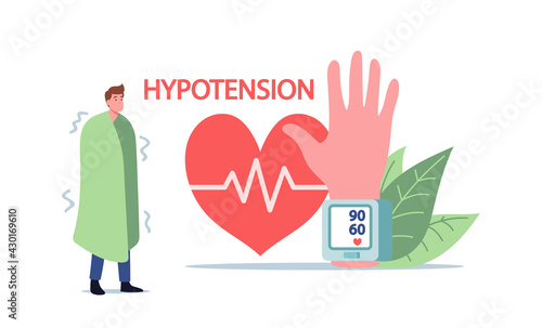 Tiny Character with Fever Hypotension Symptom at Huge Hand with Wrist Tonometer Cuff Measuring Arterial Blood Pressure