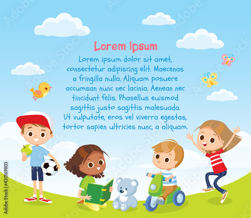 Vector template with happy kids children playing on the green grass of a lawn meadow with blue sky and white clouds birds and butterflies on background.Girl reading book to teddy bear.Boy on tricycle.