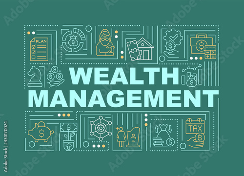 Wealth management word concepts banner. Create person financial budget. Infographics with linear icons on green background. Isolated typography. Vector outline RGB color illustration