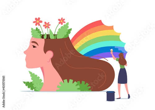 Mental Health, Wellness, Brain Treatment Concept. Tiny Woman Character Painting Rainbow at Huge Female Head