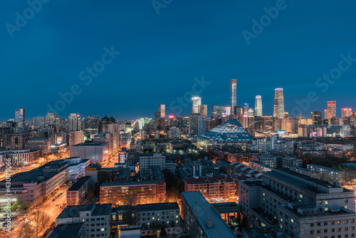 Aerial view of the city skyline of China World Trade Center in Beijing at night photo