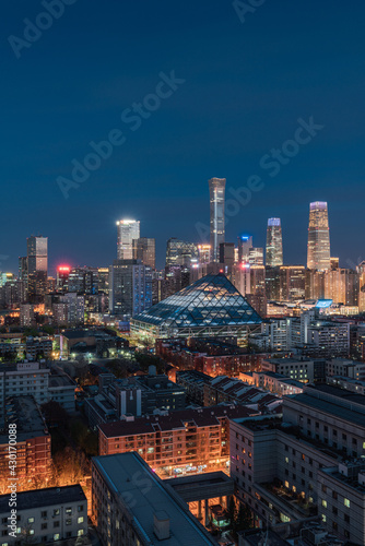 Aerial view of the city skyline of China World Trade Center in Beijing at night