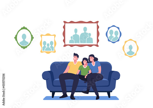 Happy Family Sitting on Couch in Living Room with Pictures Hanging on Wall. Mother, Father and Child Characters at Home