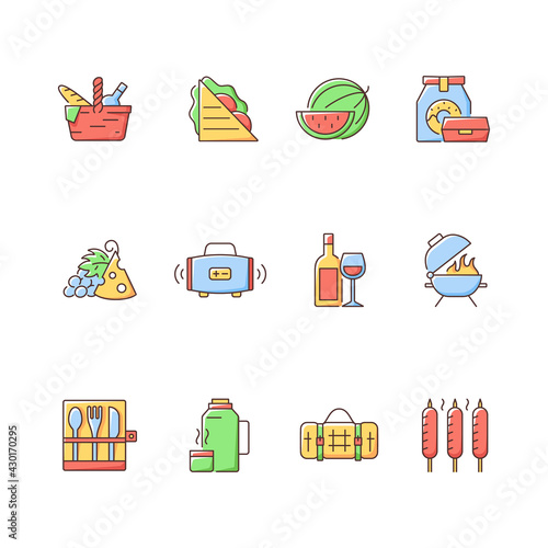 Picnic RGB color icons set. Heaving picnic hamper. Ham and cheese sandwich. Watermelon. Take away food. Wireless loudspeaker. Wine and grapes. Bbq grill. Dinnerware. Isolated vector illustrations