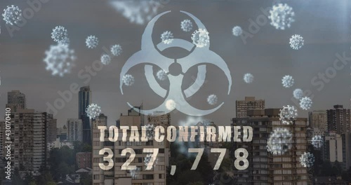 Wallpaper Mural Animation of biohazard sign, number of cases and covid 19 cells floating over cityscape Torontodigital.ca