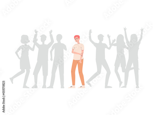 Upset lonely man standing alone among crowd, flat vector illustration isolated.