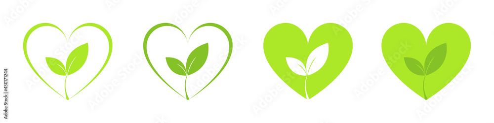 Green leaf and heart of nature energy. Ecology element icons set. Illustration Green leaf and heart of nature energy. Ecology element icons set. Illustration