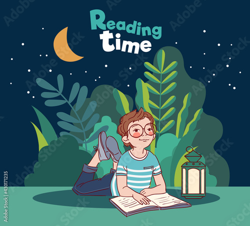 Little, cute boy reading a book in the garden. Nature landscape background. Summer holidays illustration. Vacation time
