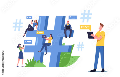 Tiny Men and Women with Digital Devices Texting, Sending Messages in Social Media Networks Sitting on Huge Hashtag