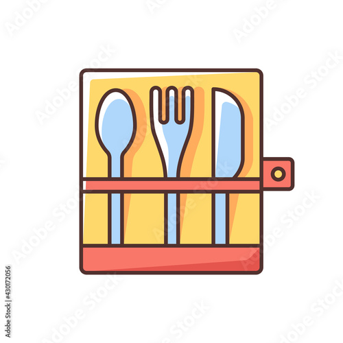 Picnic cutlery RGB color icon. Knives, spoons and forks. Eco-friendly, biodegradable items for outdoor lunch. Tools for food serving and consumption. Dinnerware. Isolated vector illustration