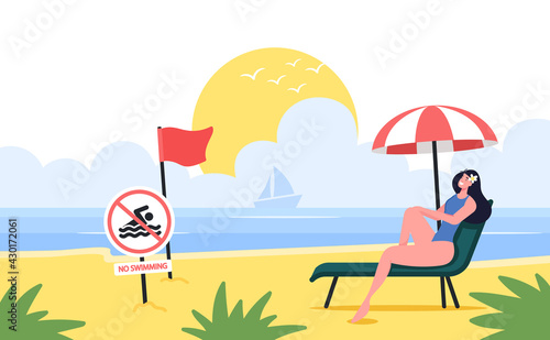 Young Woman Relax on Chaise Lounge on Sandy Beach with Red Warning Flag and No Swimming Prohibition Sign