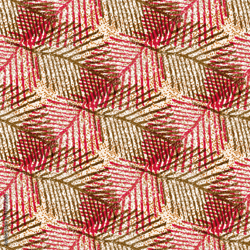 Mono print style feathered leaves seamless vector pattern background. Brown red criss cross texture blended lino cut effect leaf foliage backdrop. At home hand crafted style diagonal design repeat.