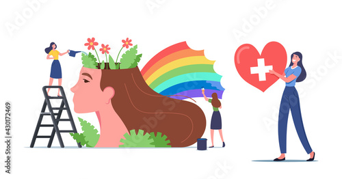 Mental Health Concept. Tiny Women Characters Watering Flowers and Painting Rainbow at Huge Female Head. Healthy Mind