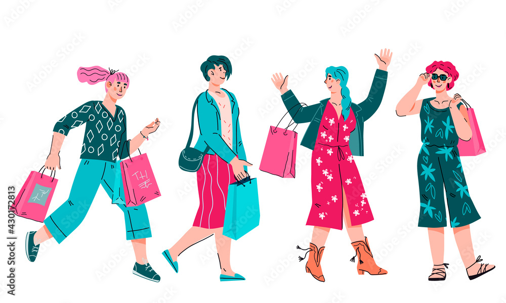 Group of cheerful young women enjoying shopping and sale prices. Women shoppers with shopping bags, cartoon vector illustration isolated on white. Happy buyers with purchases during sale. Group of cheerful young women enjoying shopping and sale prices. Women shoppers with shopping bags, cartoon vector illustration isolated on white. Happy buyers with purchases during sale.
