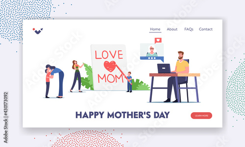 Happy Mother Day Landing Page Template. Tiny Child Character Writing Love Mom on Huge Page, Family Connection, Bonding