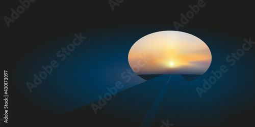 Concept de la sortie du tunnel et de l’espoir d’une libération ou d’une guérison avec un coucher de soleil à l’horizon.