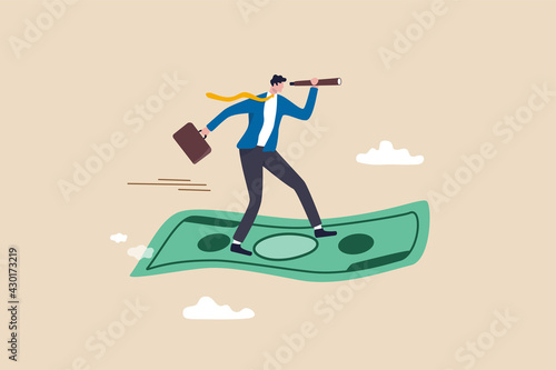 Investment opportunity, visionary to make profit or financial growth concept, smart businessman riding flying banknote money using telescope or spyglass to see future.