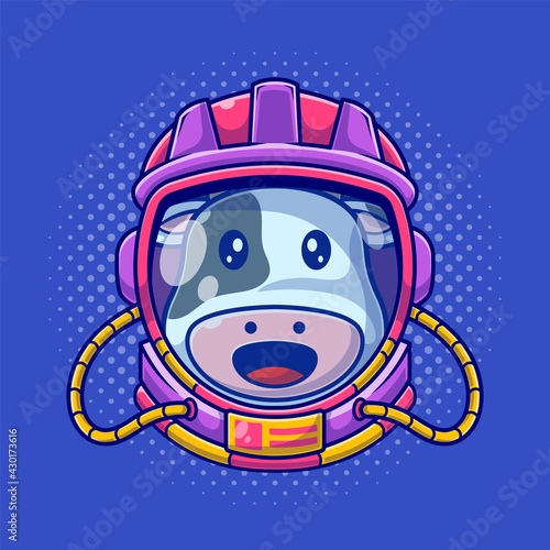 Cute astronaut cow wearing helmet flat vector illustration. Cow animal icon concept Flat cartoon style