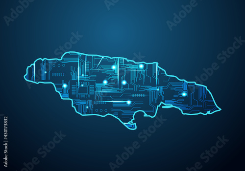 Abstract futuristic map of jamaica. Circuit Board Design Electric of the region. Technology background. mash line and point scales on dark with map.