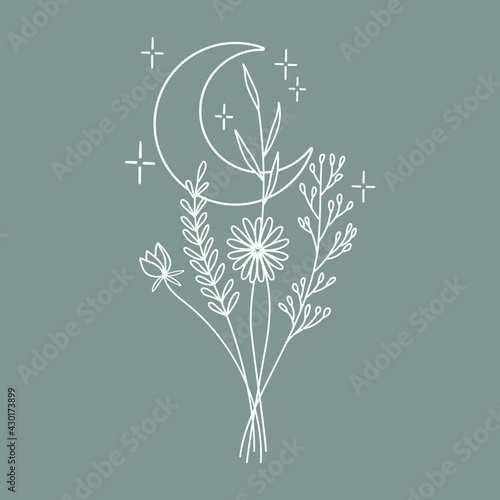Wildflowers bouquet crescent moon with stars. Islamic religious symbol Ramadan holiday. Design element for logos icons. Vector illustration