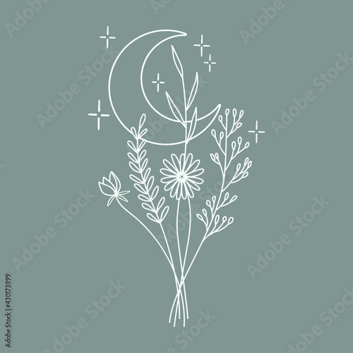 Wildflowers bouquet crescent moon with stars. Islamic religious symbol Ramadan holiday. Design element for logos icons. Vector illustration