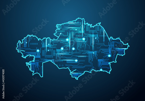 Abstract futuristic map of kazakhstan. Circuit Board Design Electric of the region. Technology background. mash line and point scales on dark with map.