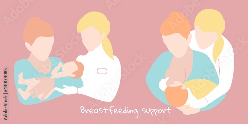 Celebrating Breastfeeding Support Week, 1-7 August. The lactation adviser helps the mother attach the newborn baby. Postpartum support, nursing mothers care. Communicating breastfeeding issues.