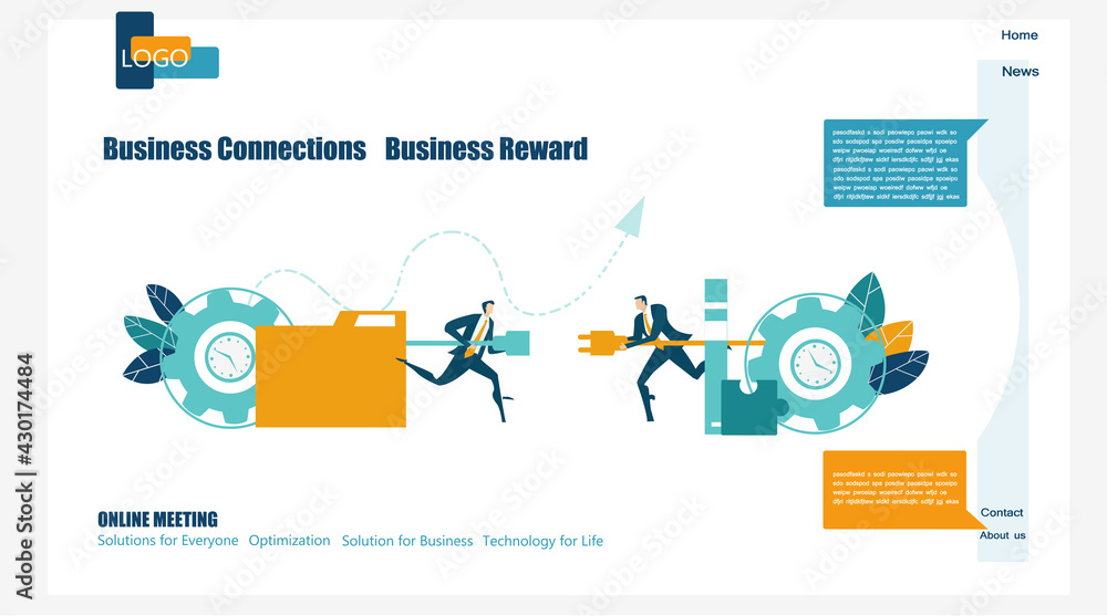 Business people connecting. Flat design website or app page template. Financial services, banking, strategic planning, development, business solutions, consulting, data analyse Business people connecting. Flat design website or app page template. Financial services, banking, strategic planning, development, business solutions, consulting, data analyse
