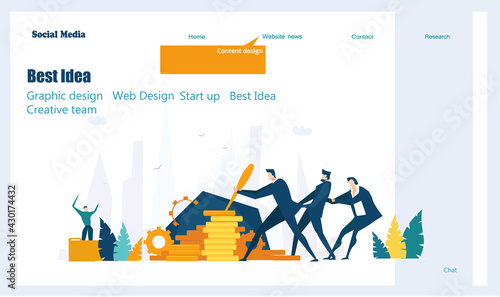 Business people grow investments. Flat design website or app page template. Financial services, banking, strategic planning, development, business solutions, consulting, data analyse