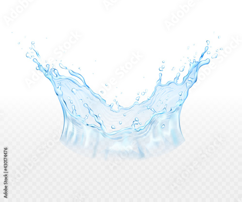 Transparent water splash with drops, isolated.