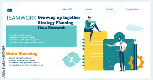Lots of young people working online. Flat design website or app page template. Financial services, banking, strategic planning, development, business solutions, consulting, data analyse