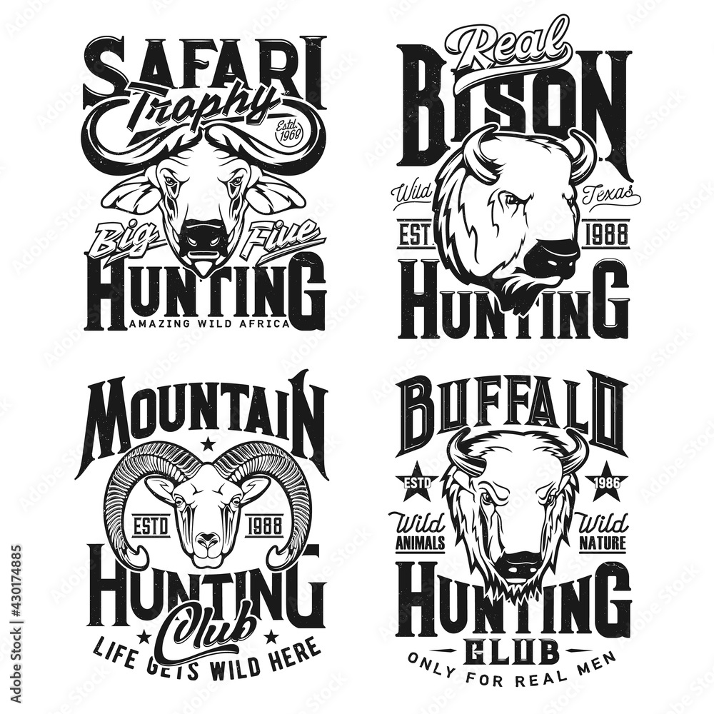 Bison, bighorn sheep ram and Cape buffalo hunting t-shirt vector prints. Trophy hunting club mascot, hunter clothing print with retro typography, African and North America mountain horned animal head