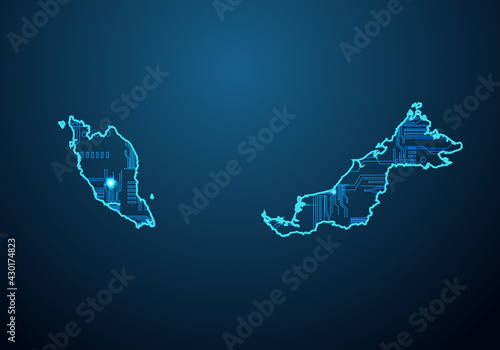 Abstract futuristic map of malaysia. Circuit Board Design Electric of the region. Technology background. mash line and point scales on dark with map.