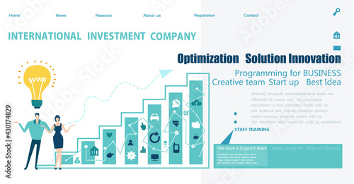 Business team discussing deal Flat design website or app page template. Financial services, banking, strategic planning, development, business solutions, consulting, data analyse, support and security