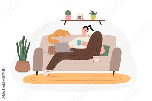 Home office. Woman working at home on sofa with laptop computer in cozy room. Freelance or studying concept. Flat cartoon vector illustration.