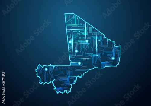 Abstract futuristic map of mali. Circuit Board Design Electric of the region. Technology background. mash line and point scales on dark with map.