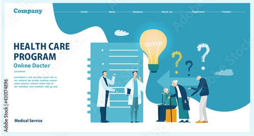 Doctor talks to old people, patients. Flat design website or app page template. Medicine, clinic, health care and research concept