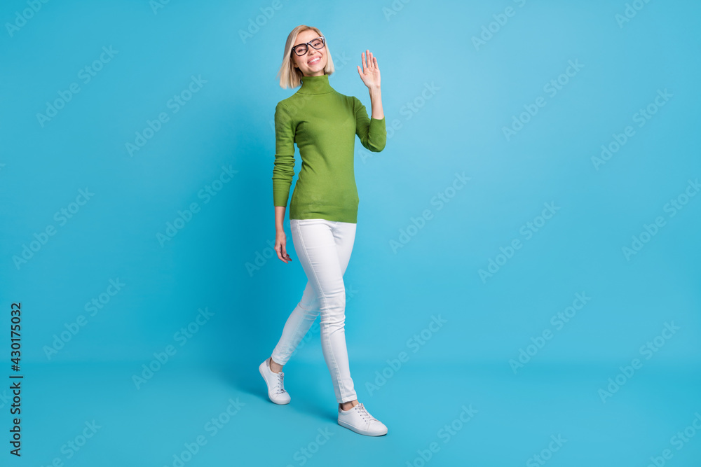 Full size photo of young beautiful cheerful smiling woman in glasses walking say hello isolated on blue color background Full size photo of young beautiful cheerful smiling woman in glasses walking say hello isolated on blue color background