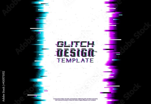 Screen glitch template, broken monitor or TV signal fail vector background. Digital pixels noise blue and violet lines, distorted typography, Broken monitor critical error, computer bug effect