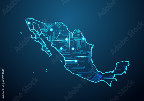 Abstract futuristic map of mexico. Circuit Board Design Electric of the region. Technology background. mash line and point scales on dark with map.