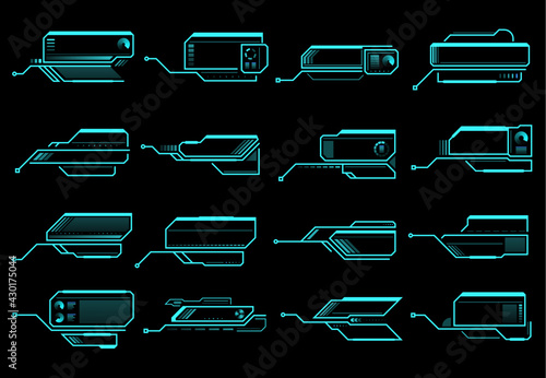 HUD callout titles, information call box bars and digital info boxes. Modern technology neon colored vector elements. Futuristic ui design for game or user app interface isolated on black background
