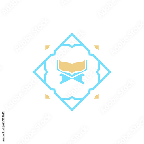 islamic logo in the form of a blue-gold rectangle with the quran in the center