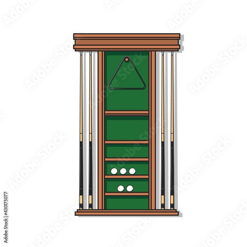 Pool cue rack with triangle, sticks and balls, vector equipment for billiard game. Wooden shelf with green wall for keeping professional stuff for snooker, billiards game isolated on white background