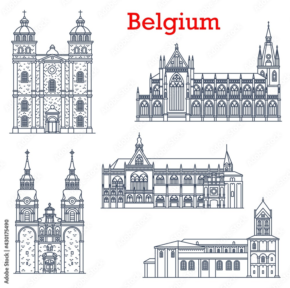 Belgium landmarks, cathedral churches architecture of Liege and Eupen, vector buildings. St Nicholas church or Nikolaus Pfarrkirche, Collegiate Church of Bartholomew and St. Paul Cathedral building