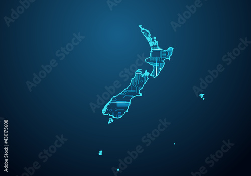 Abstract futuristic map of new Zealand. Circuit Board Design Electric of the region. Technology background. mash line and point scales on dark with map.