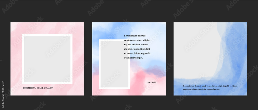 Simple social media layouts with watercolor backgrounds, post templates with place for photos, pastel color design for blog or influencers, for insta promotion